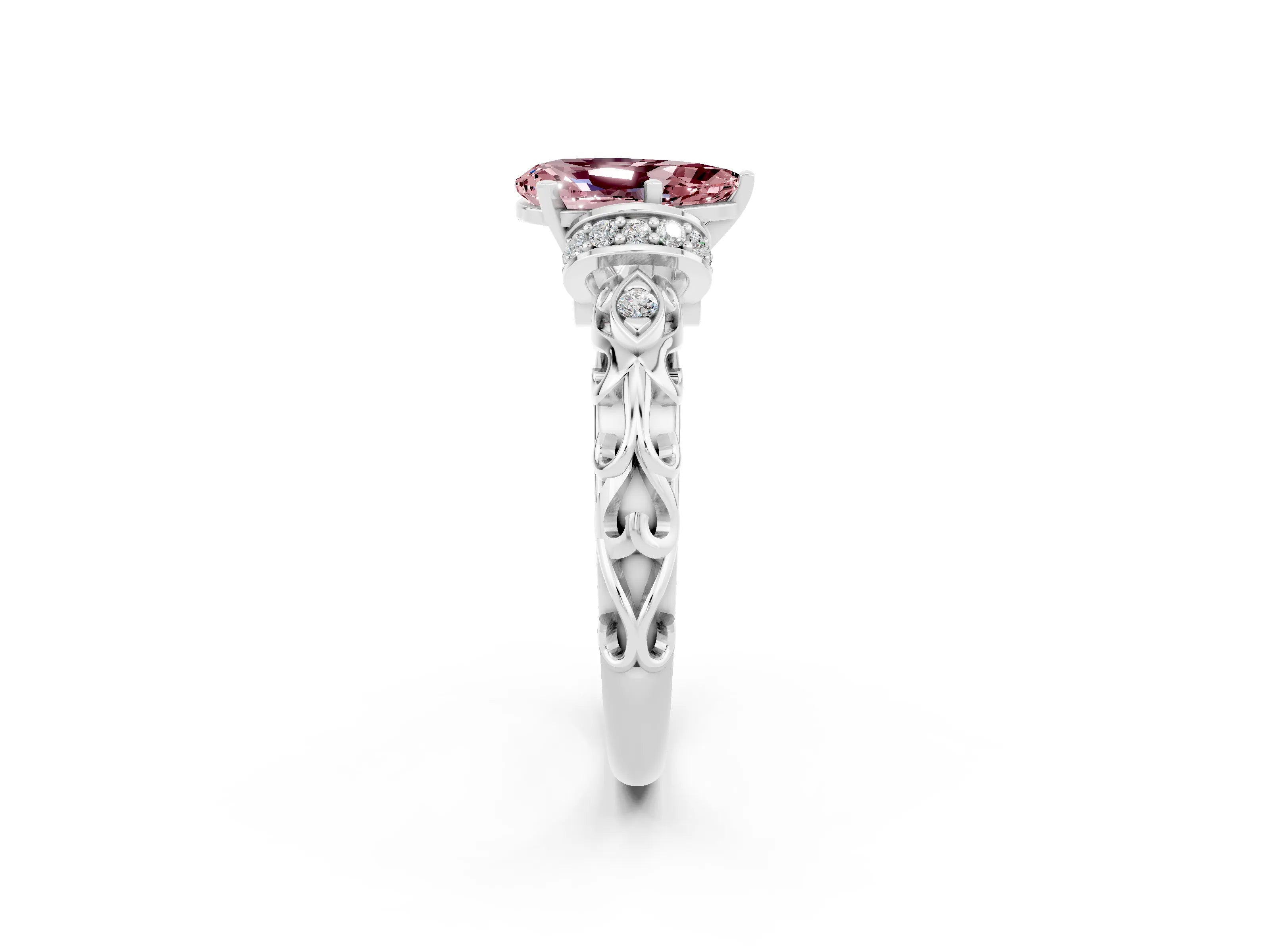 White gold Pear Cut Morganite Solitaire Ring with Filigree Band and Four-Prong Setting_26