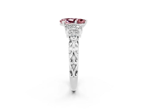 White gold Pear Cut Morganite Solitaire Ring with Filigree Band and Four-Prong Setting_26