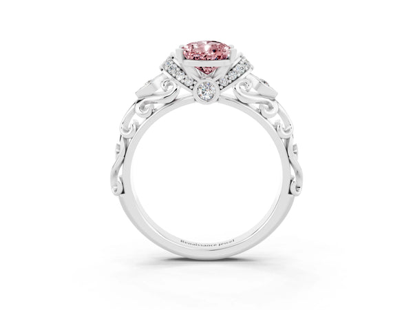 Platinum Pear Cut Morganite Solitaire Ring with Filigree Band and Four-Prong Setting