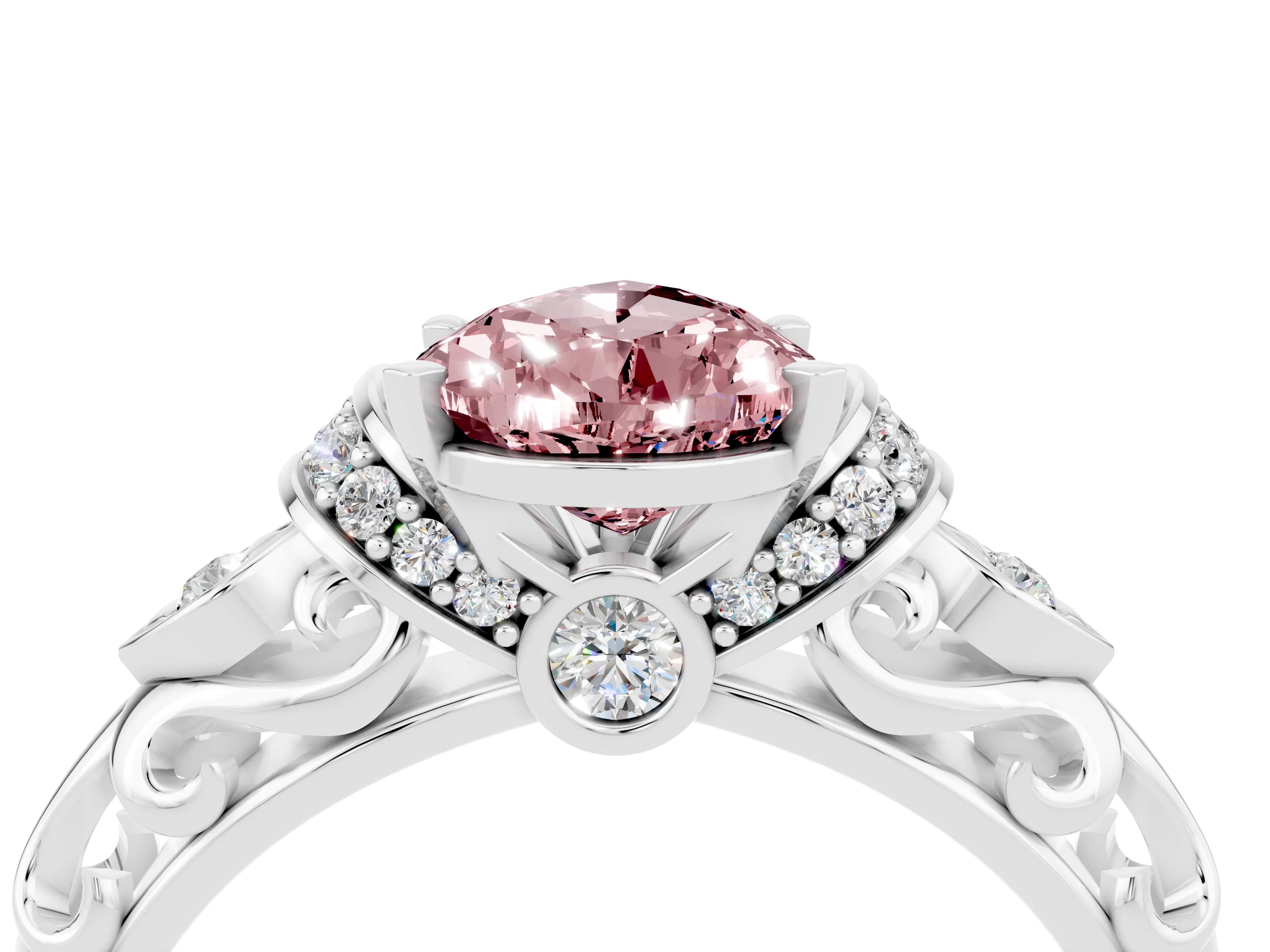 White gold Pear Cut Morganite Solitaire Ring with Filigree Band and Four-Prong Setting_28