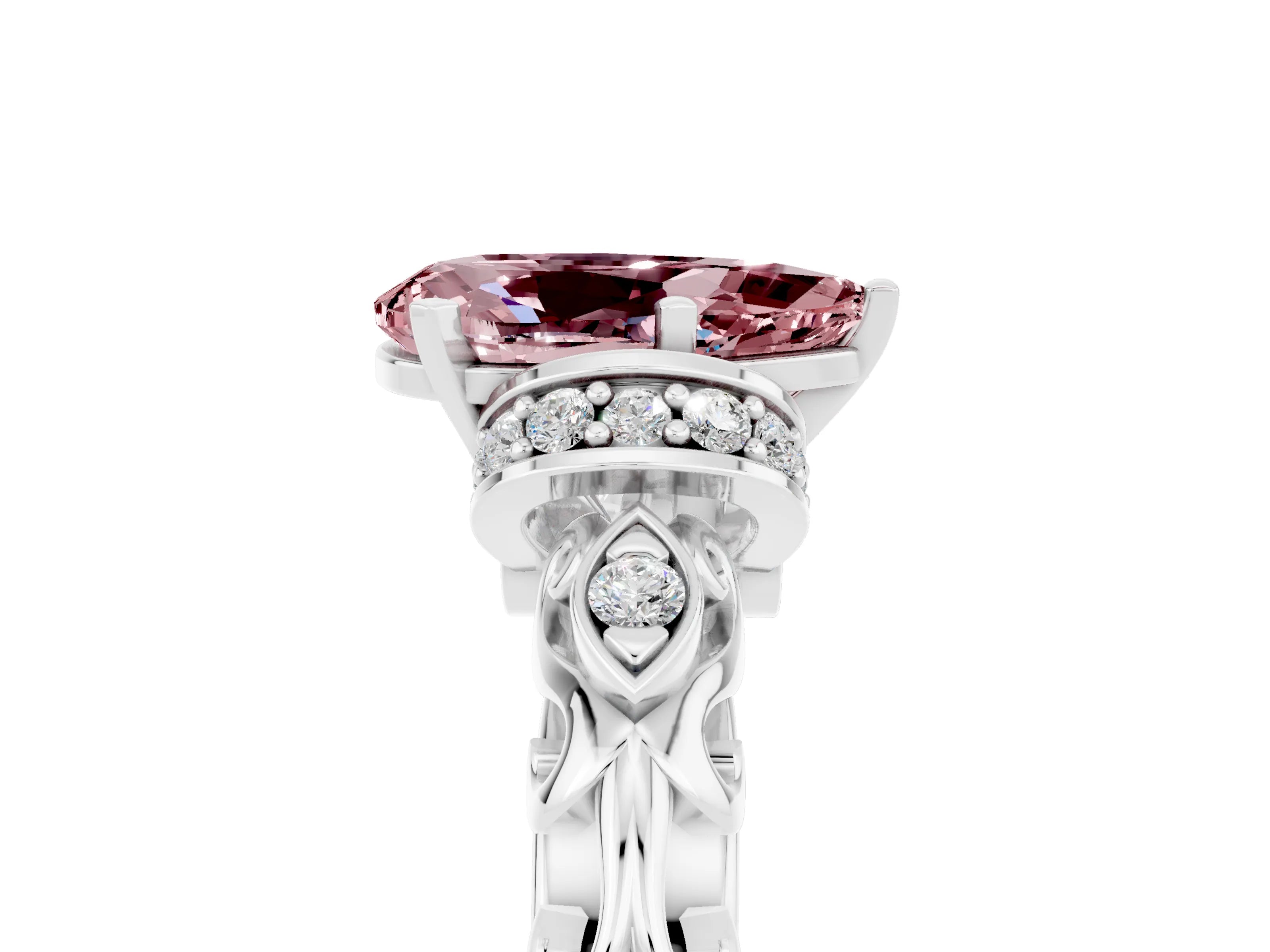 White gold Pear Cut Morganite Solitaire Ring with Filigree Band and Four-Prong Setting_29