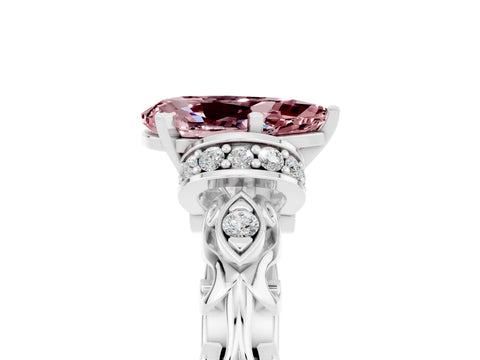 White gold Pear Cut Morganite Solitaire Ring with Filigree Band and Four-Prong Setting_29