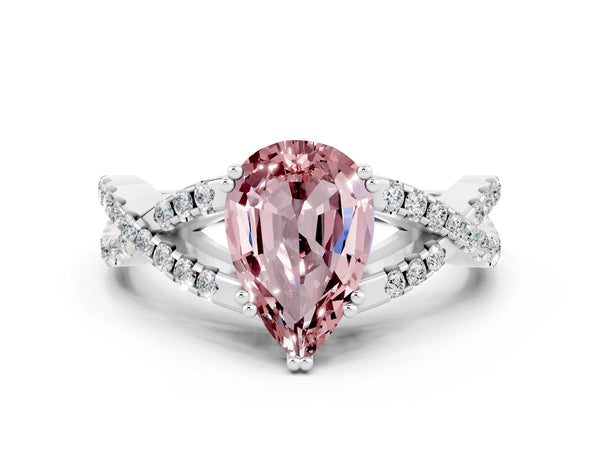 Platinum Pear Cut Morganite Solitaire Ring with Four-Prong Setting and Twisted Pavé Band