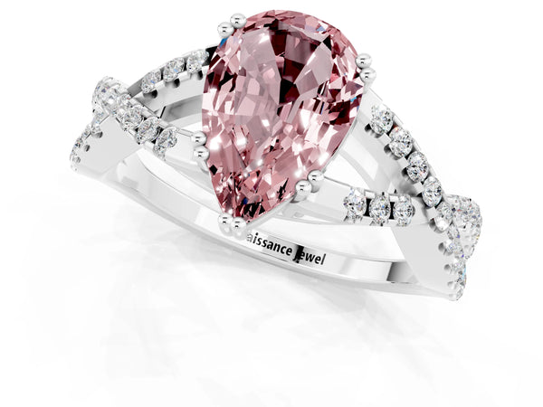 White gold Pear Cut Morganite Solitaire Ring with Four-Prong Setting and Twisted Pavé Band