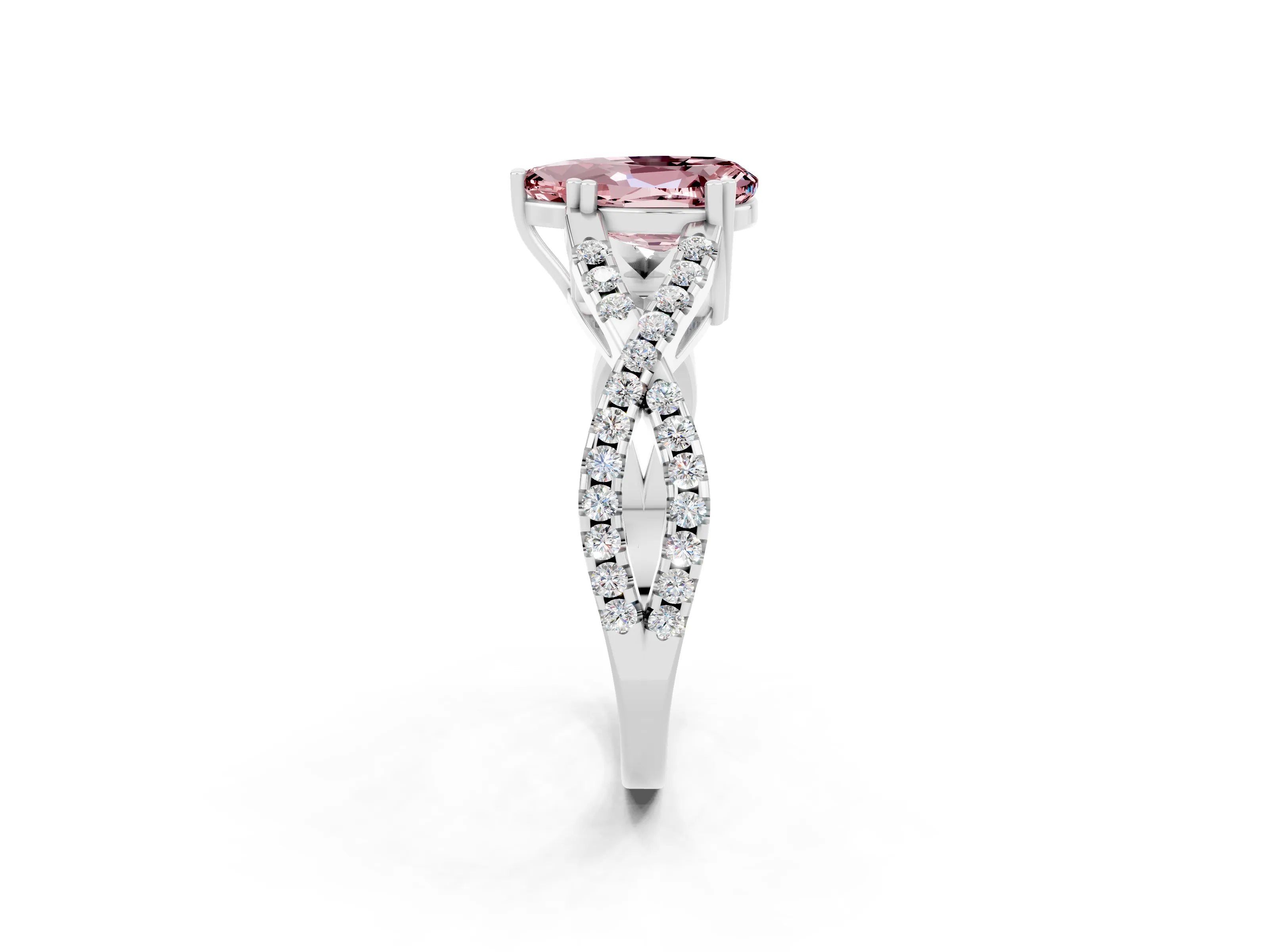 White gold Pear Cut Morganite Solitaire Ring with Four-Prong Setting and Twisted Pavé Band_2