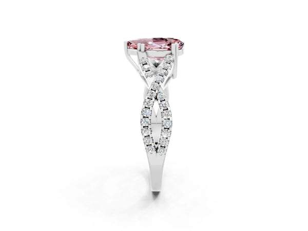 Silver Pear Cut Morganite Solitaire Ring with Four-Prong Setting and Twisted Pavé Band