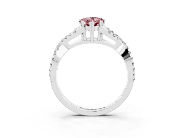 Platinum Pear Cut Morganite Solitaire Ring with Four-Prong Setting and Twisted Pavé Band
