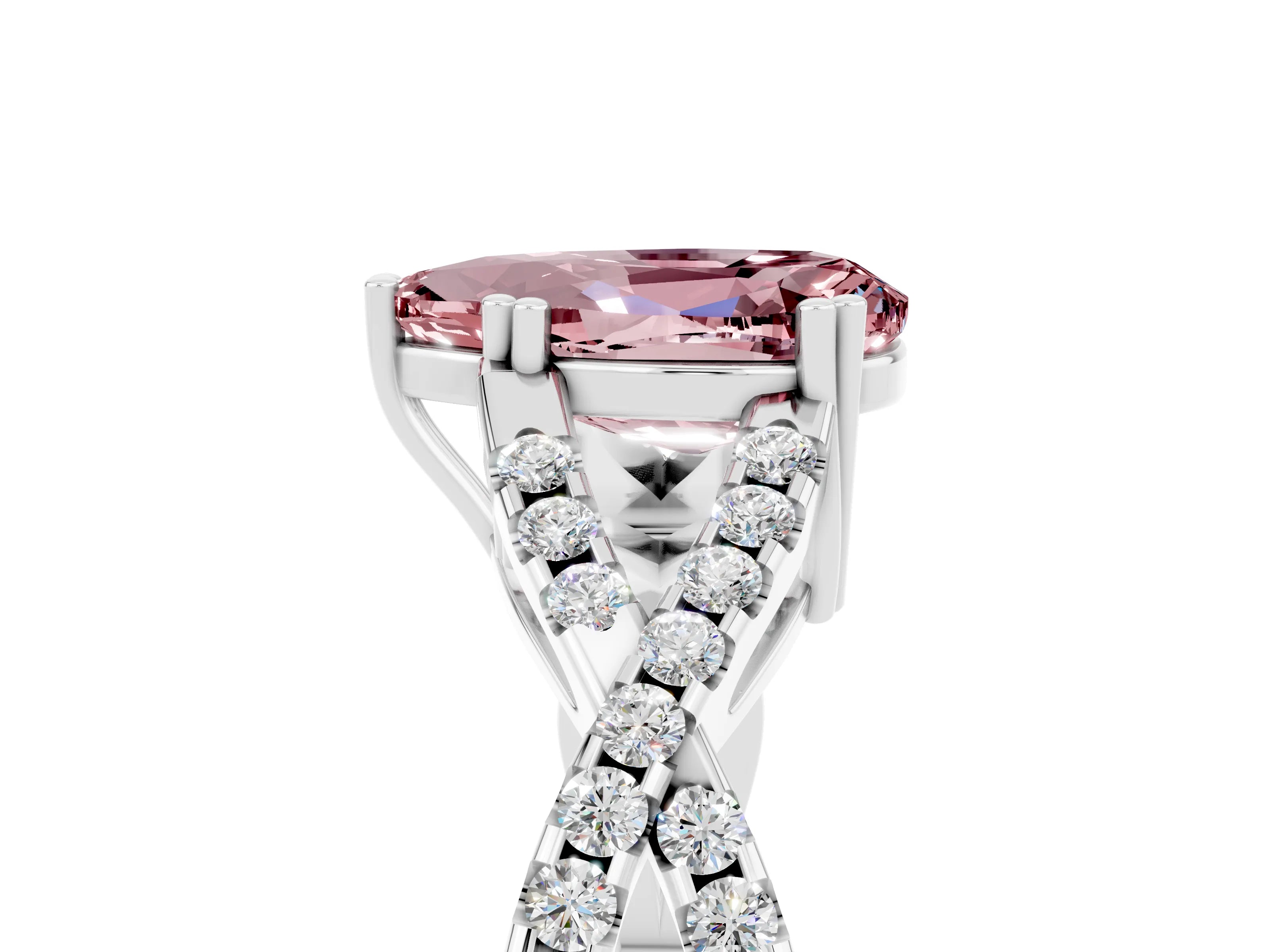 White gold Pear Cut Morganite Solitaire Ring with Four-Prong Setting and Twisted Pavé Band_5