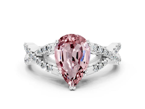 White gold Pear Cut Morganite Solitaire Ring with Four-Prong Setting and Twisted Pavé Band