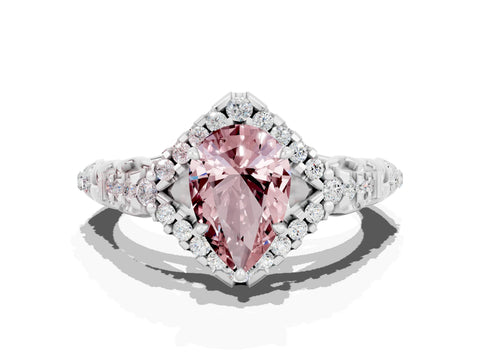 White gold Pear Cut Morganite Solitaire Ring with Hidden Halo and Pavé Band_12