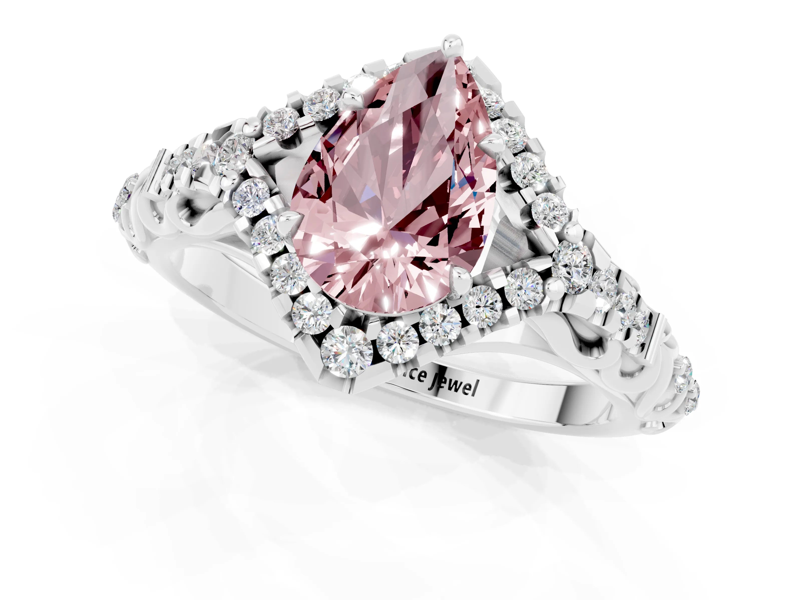 White gold Pear Cut Morganite Solitaire Ring with Hidden Halo and Pavé Band_13
