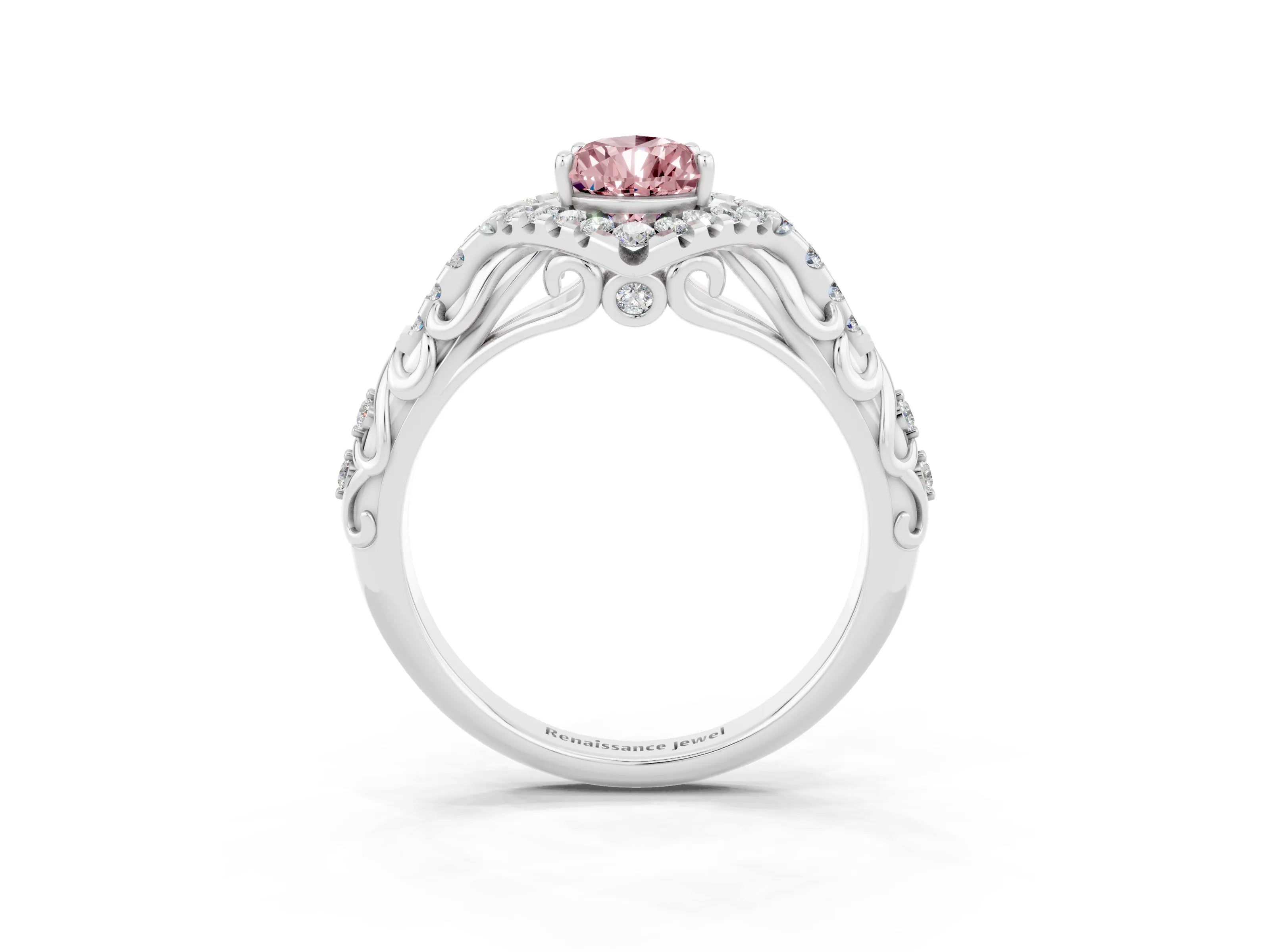 White gold Pear Cut Morganite Solitaire Ring with Hidden Halo and Pavé Band_15