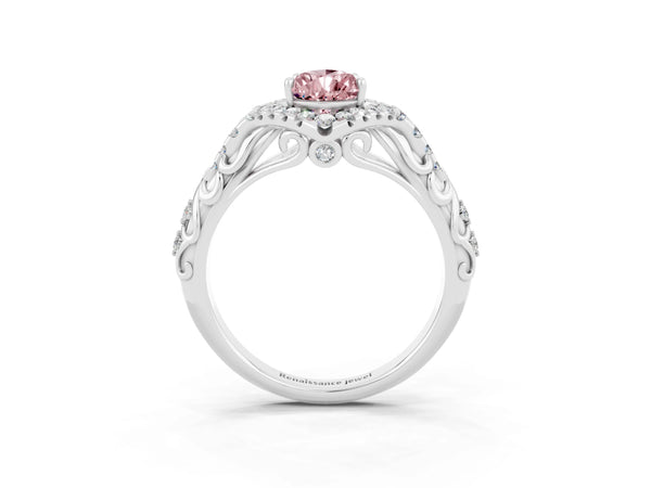 White gold Pear Cut Morganite Solitaire Ring with Hidden Halo and Pavé Band