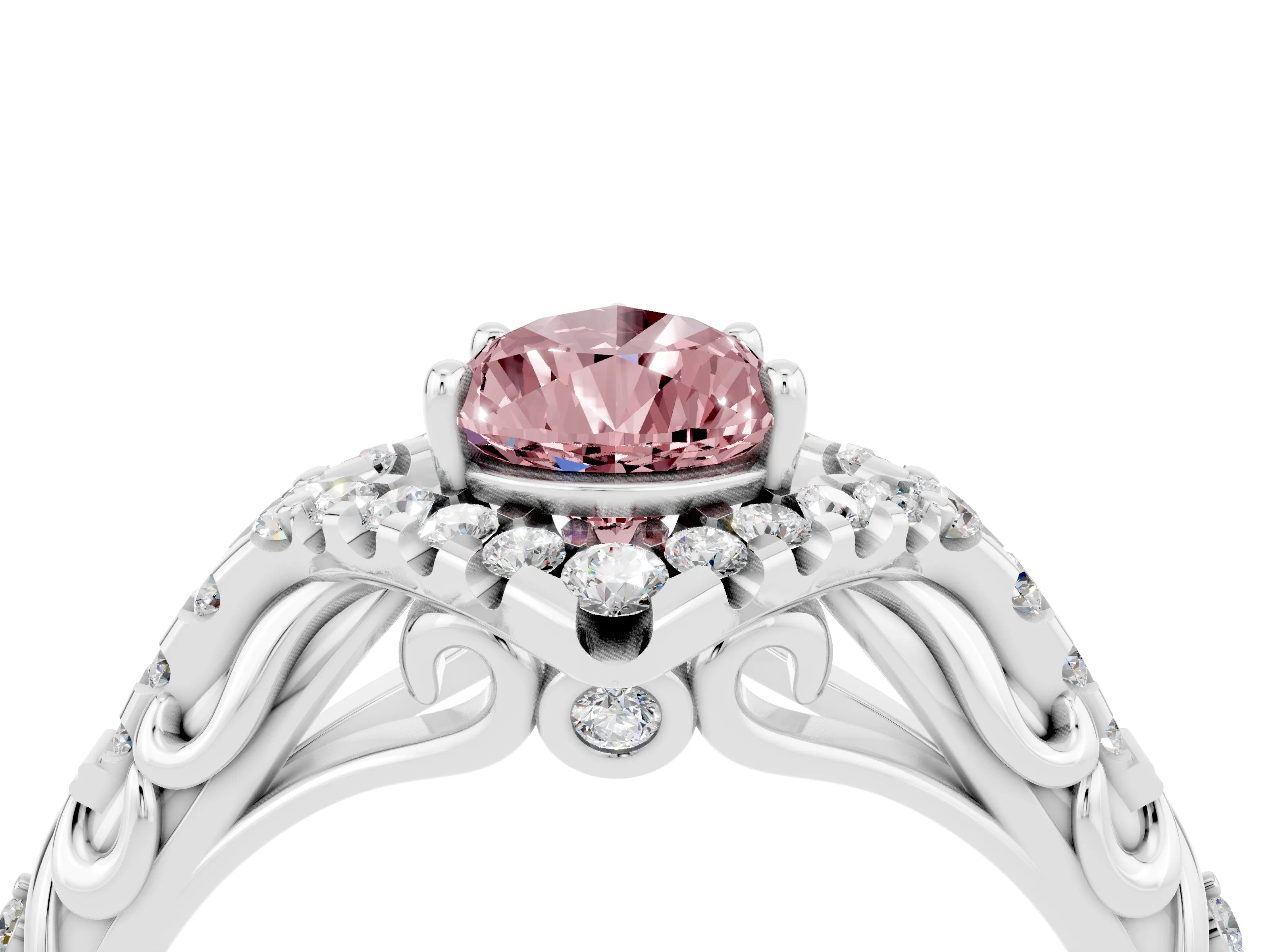 White gold Pear Cut Morganite Solitaire Ring with Hidden Halo and Pavé Band_16