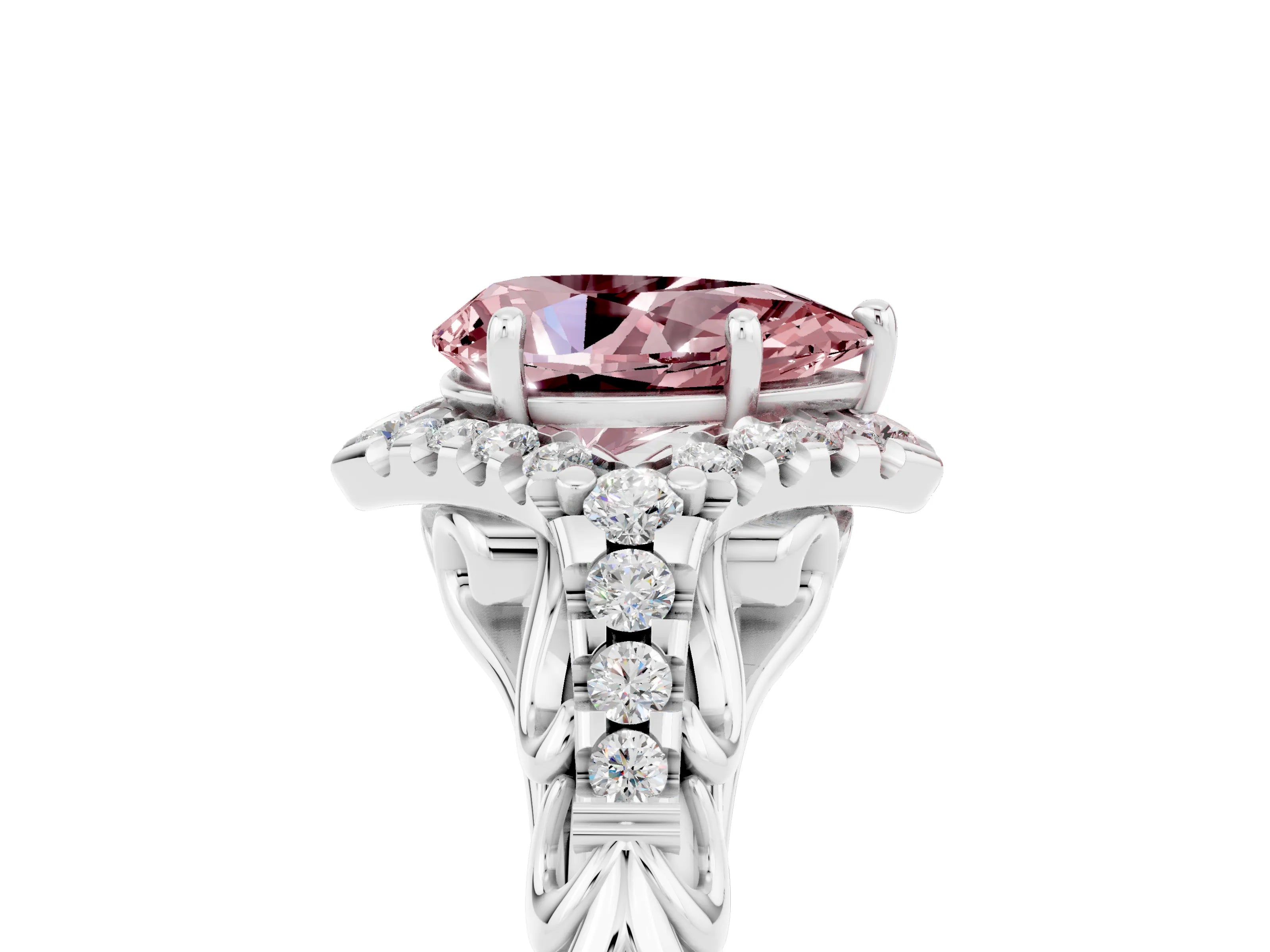 White gold Pear Cut Morganite Solitaire Ring with Hidden Halo and Pavé Band_17