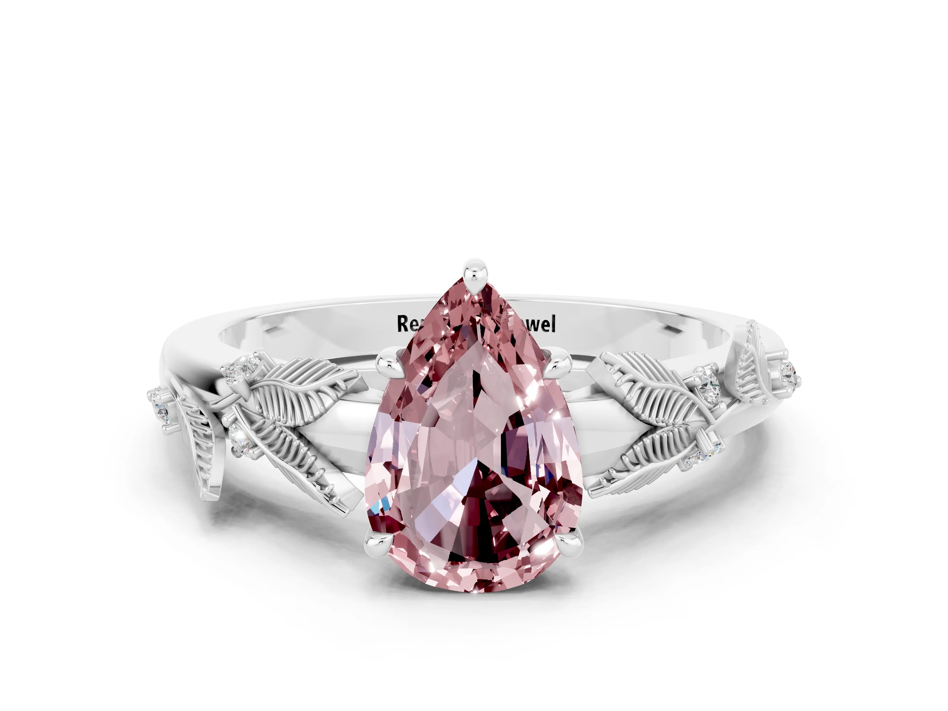 White gold Pear Cut Morganite Solitaire Ring with Leaf Motif Band and Four-Prong Setting
