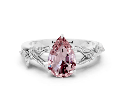 White gold Pear Cut Morganite Solitaire Ring with Leaf Motif Band and Four-Prong Setting_12