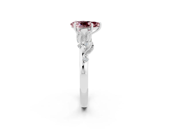 White gold Pear Cut Morganite Solitaire Ring with Leaf Motif Band and Four-Prong Setting