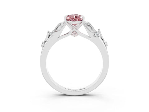 White gold Pear Cut Morganite Solitaire Ring with Leaf Motif Band and Four-Prong Setting_15