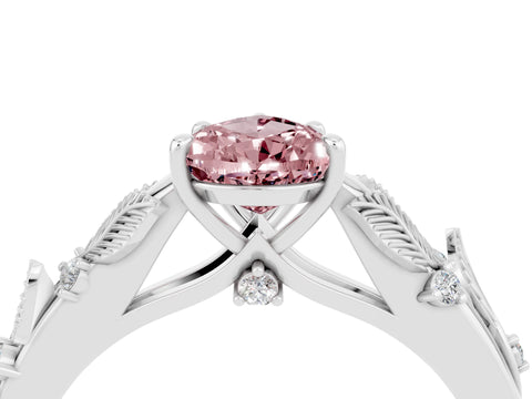 White gold Pear Cut Morganite Solitaire Ring with Leaf Motif Band and Four-Prong Setting_16