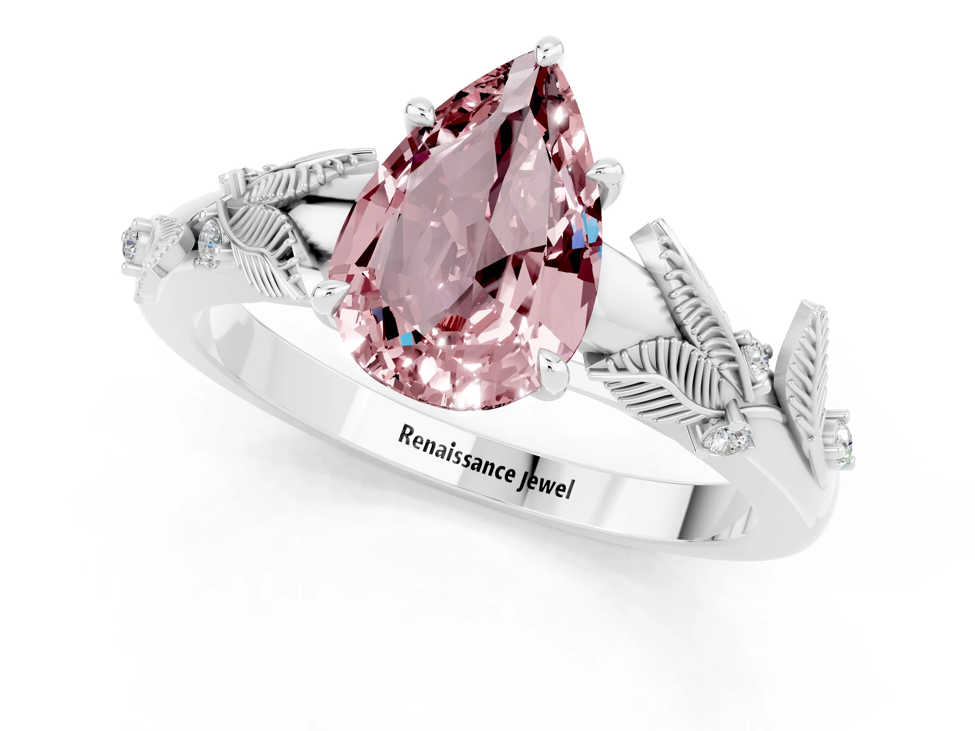 White gold Pear Cut Morganite Solitaire Ring with Leaf Motif Band and Four-Prong Setting_1