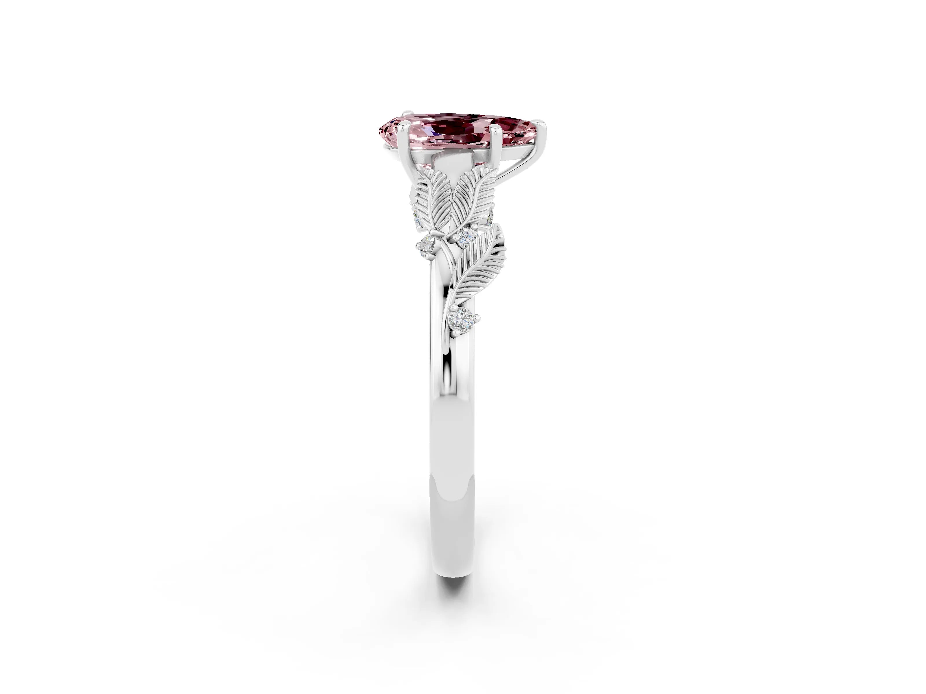 White gold Pear Cut Morganite Solitaire Ring with Leaf Motif Band and Four-Prong Setting_2