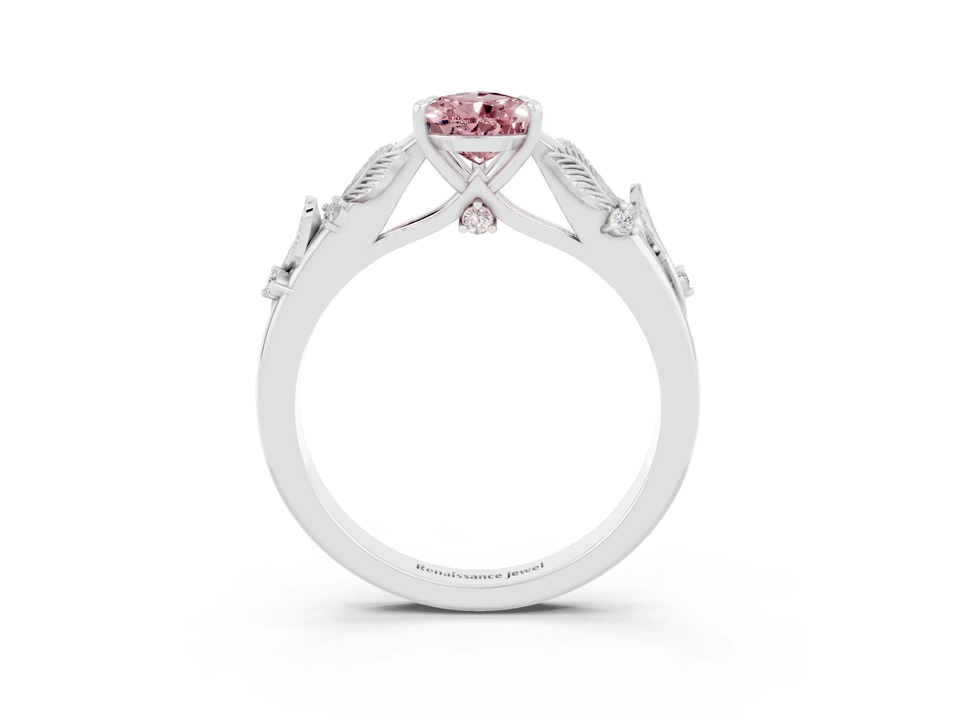 White gold Pear Cut Morganite Solitaire Ring with Leaf Motif Band and Four-Prong Setting_3