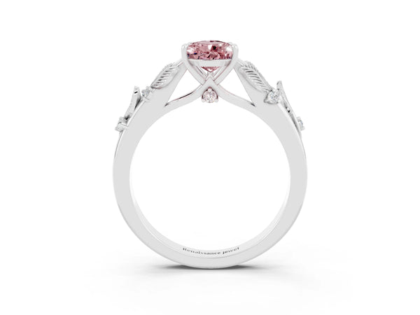 Silver Pear Cut Morganite Solitaire Ring with Leaf Motif Band and Four-Prong Setting