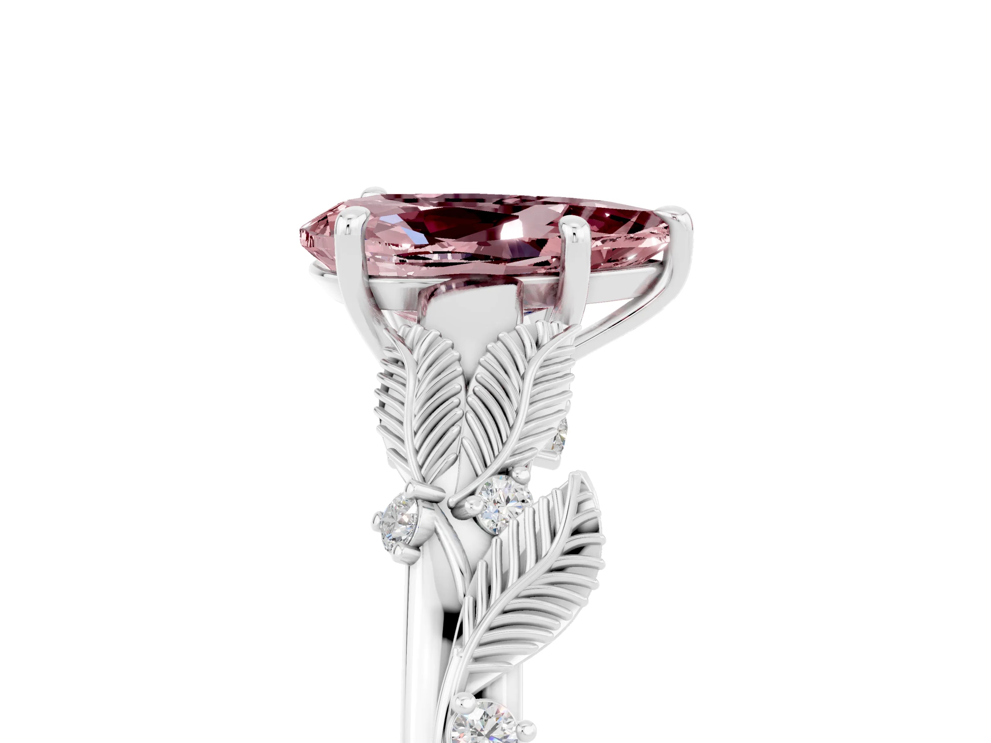 White gold Pear Cut Morganite Solitaire Ring with Leaf Motif Band and Four-Prong Setting_5