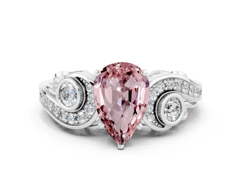 White gold Pear Cut Morganite Solitaire Ring with Milgrain Pavé Band and Four-Prong Setting_12