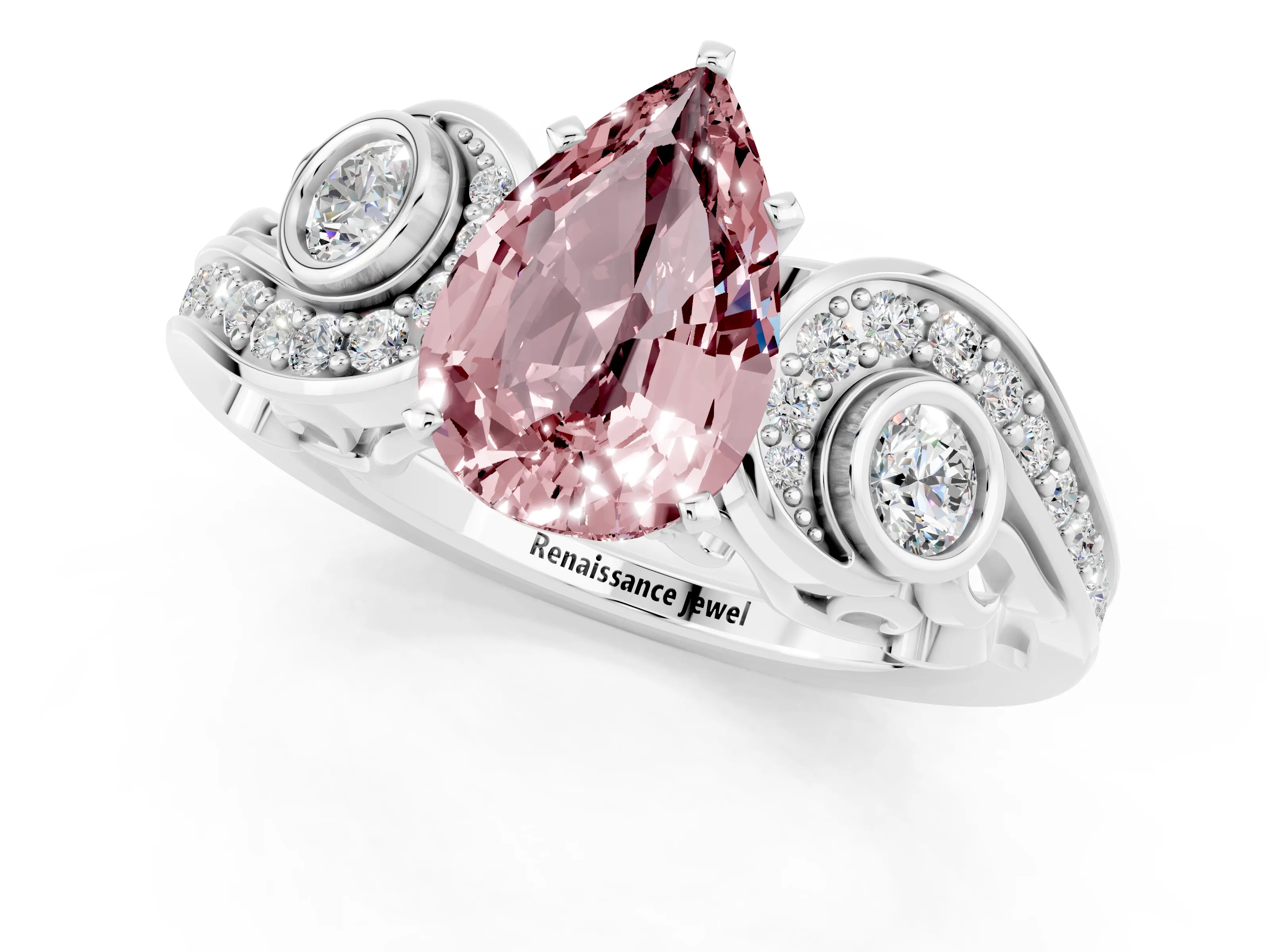 White gold Pear Cut Morganite Solitaire Ring with Milgrain Pavé Band and Four-Prong Setting_13