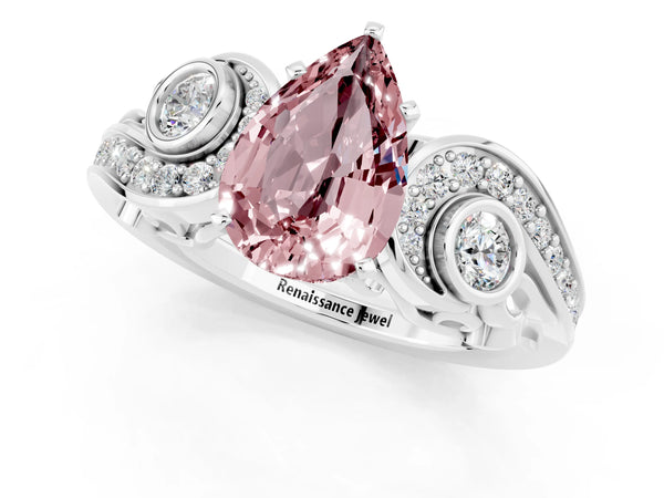 Silver Pear Cut Morganite Solitaire Ring with Milgrain Pavé Band and Four-Prong Setting
