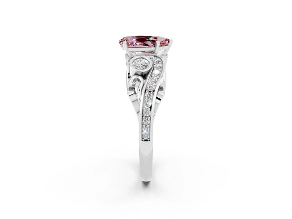 Platinum Pear Cut Morganite Solitaire Ring with Milgrain Pavé Band and Four-Prong Setting