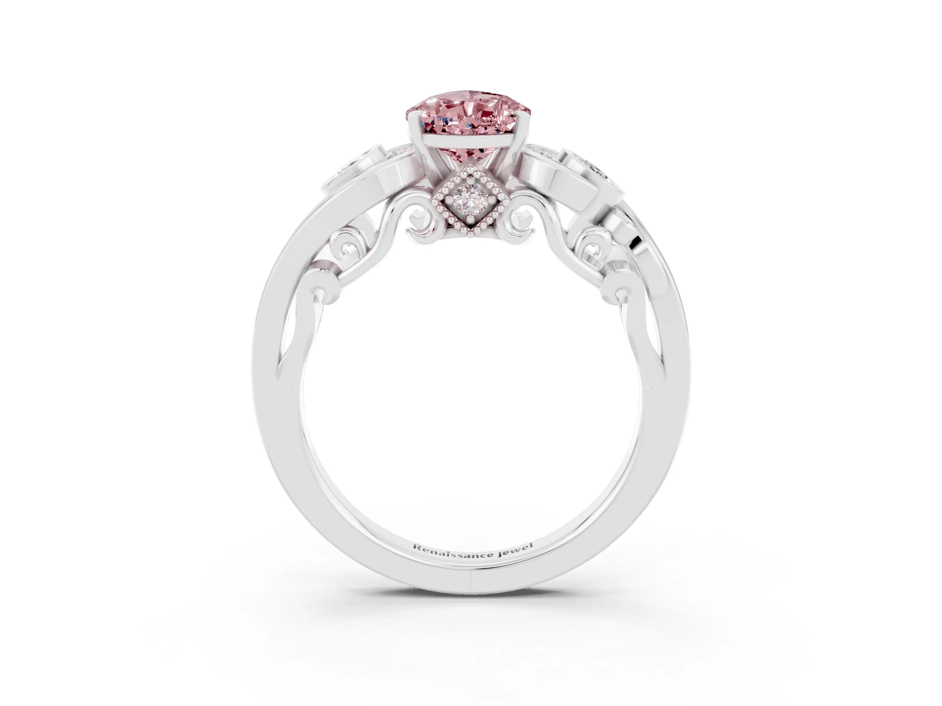 White gold Pear Cut Morganite Solitaire Ring with Milgrain Pavé Band and Four-Prong Setting_15
