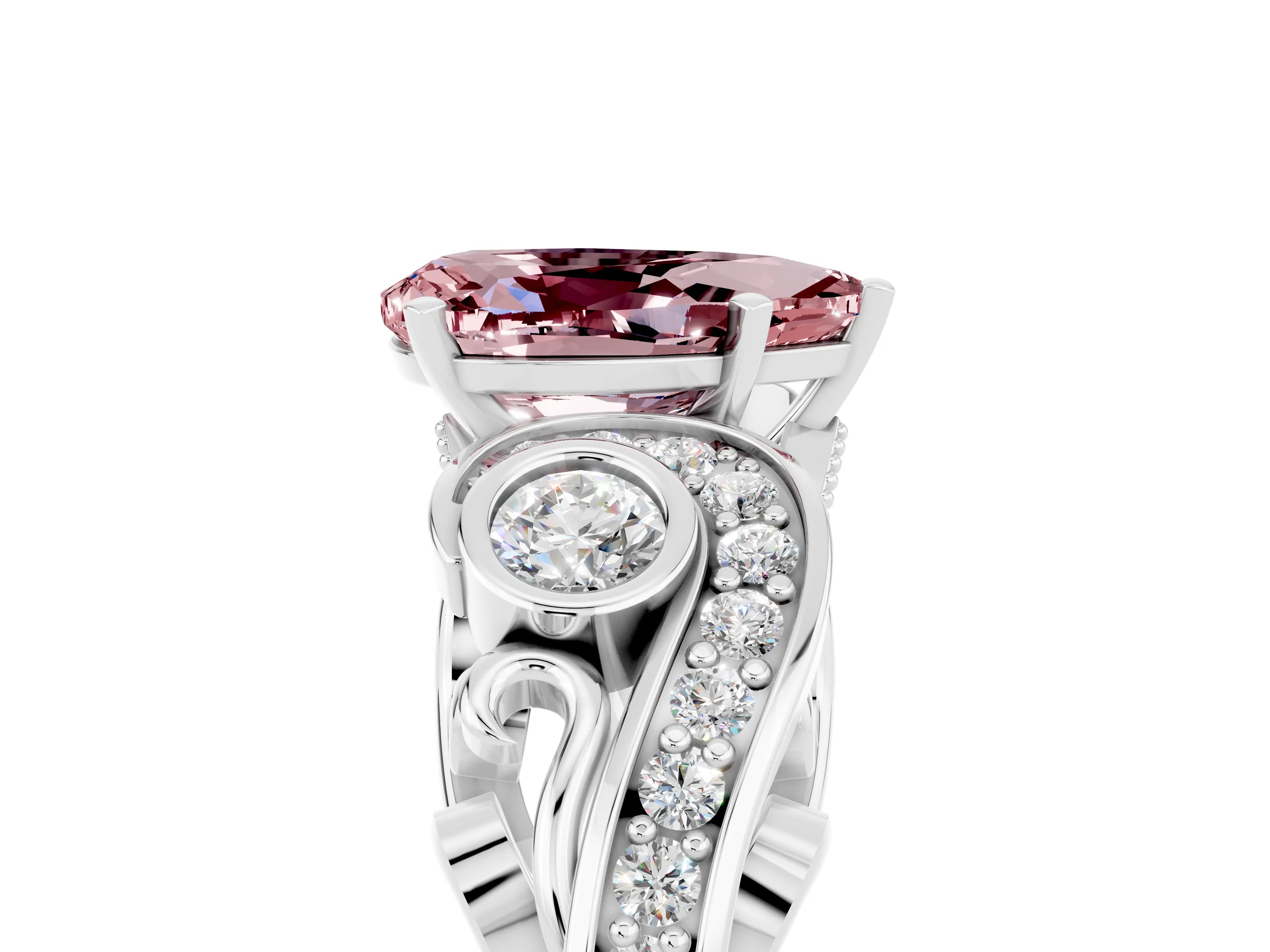 White gold Pear Cut Morganite Solitaire Ring with Milgrain Pavé Band and Four-Prong Setting_17