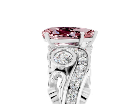 White gold Pear Cut Morganite Solitaire Ring with Milgrain Pavé Band and Four-Prong Setting_17