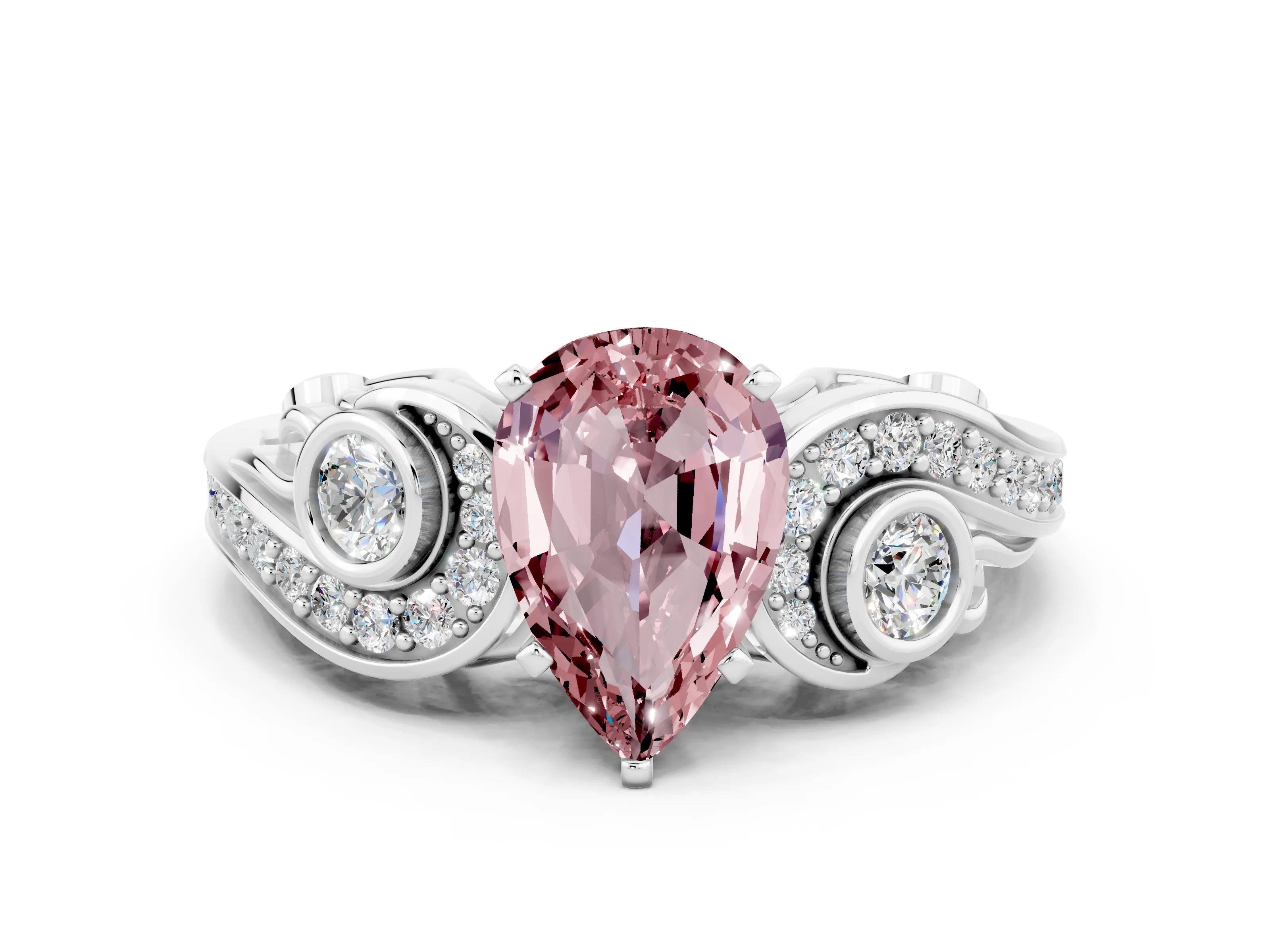 White gold Pear Cut Morganite Solitaire Ring with Milgrain Pavé Band and Four-Prong Setting_48