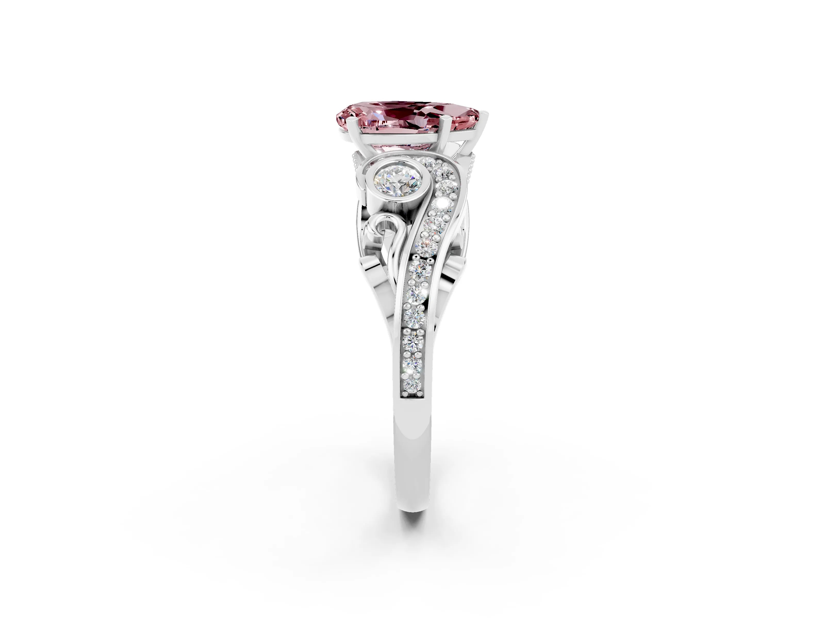 White gold Pear Cut Morganite Solitaire Ring with Milgrain Pavé Band and Four-Prong Setting_50
