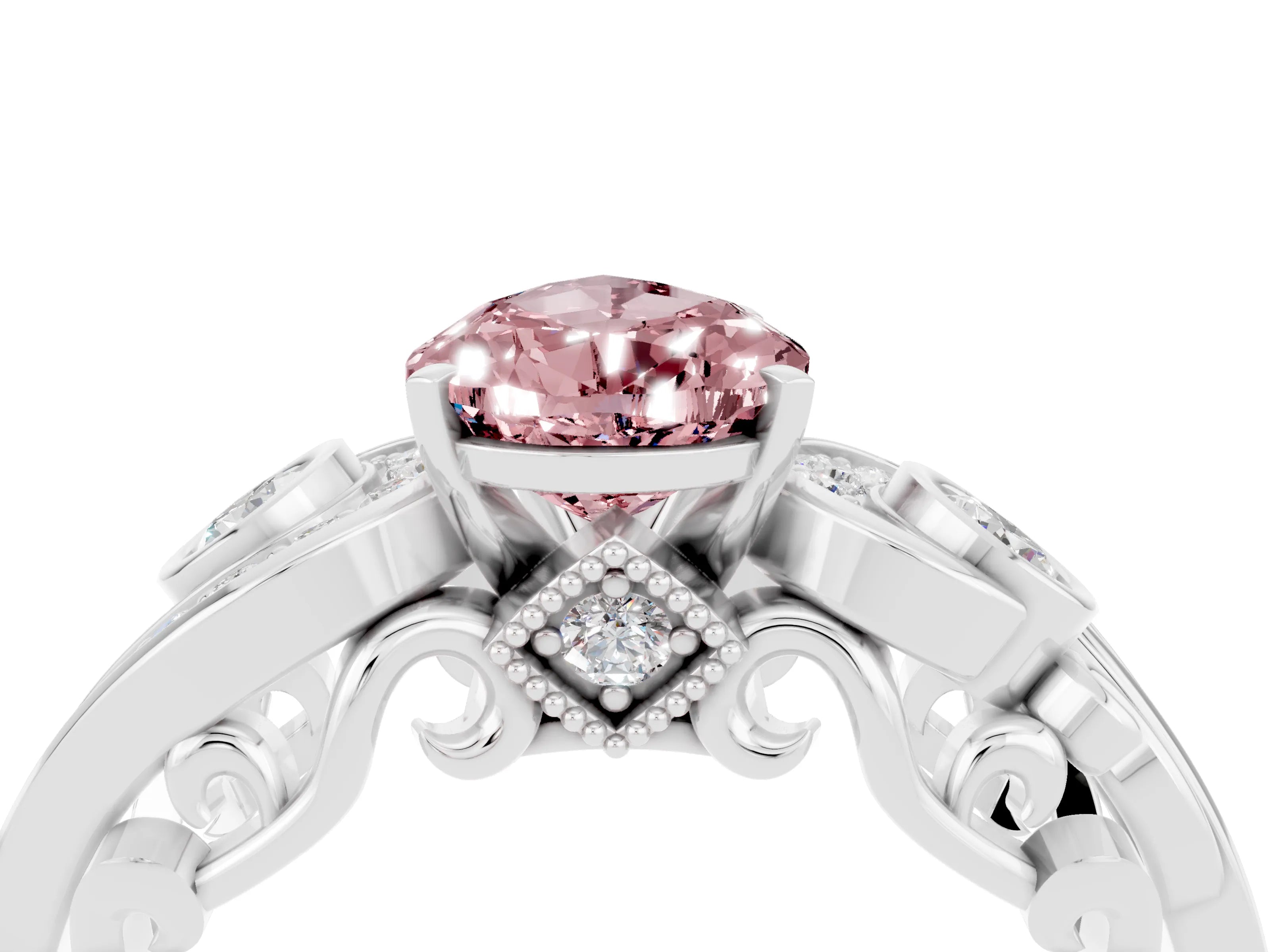 White gold Pear Cut Morganite Solitaire Ring with Milgrain Pavé Band and Four-Prong Setting_52
