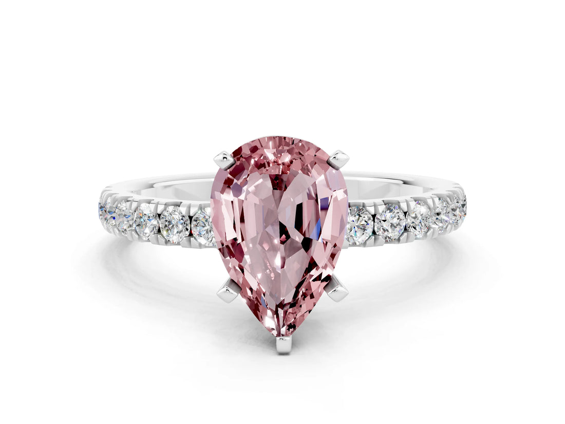 White gold Pear Cut Morganite Solitaire Ring with Pavé Accents and Four-Prong Setting