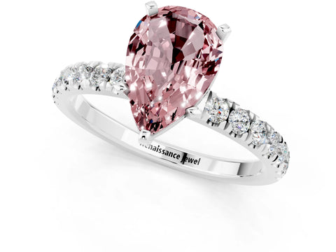 White gold Pear Cut Morganite Solitaire Ring with Pavé Accents and Four-Prong Setting_1