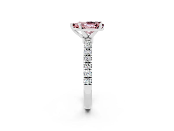 Platinum Pear Cut Morganite Solitaire Ring with Pavé Accents and Four-Prong Setting
