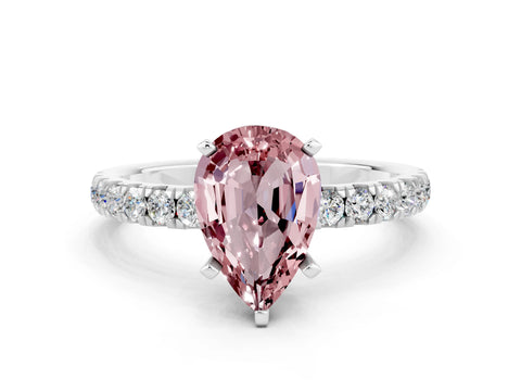White gold Pear Cut Morganite Solitaire Ring with Pavé Accents and Four-Prong Setting