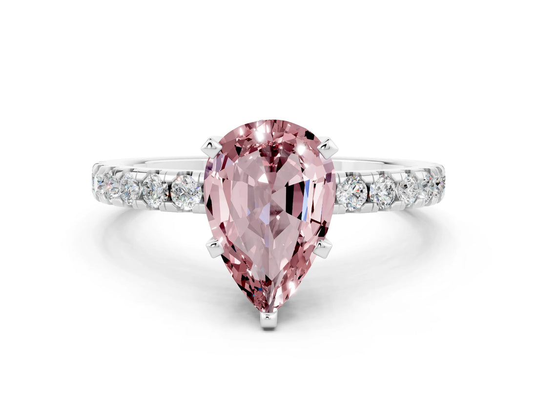 White gold Pear Cut Morganite Solitaire Ring with Pavé Band and Four-Prong Setting_24