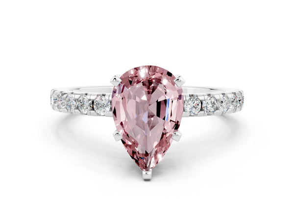 White gold Pear Cut Morganite Solitaire Ring with Round  Pavé Band and Four-Prong Setting
