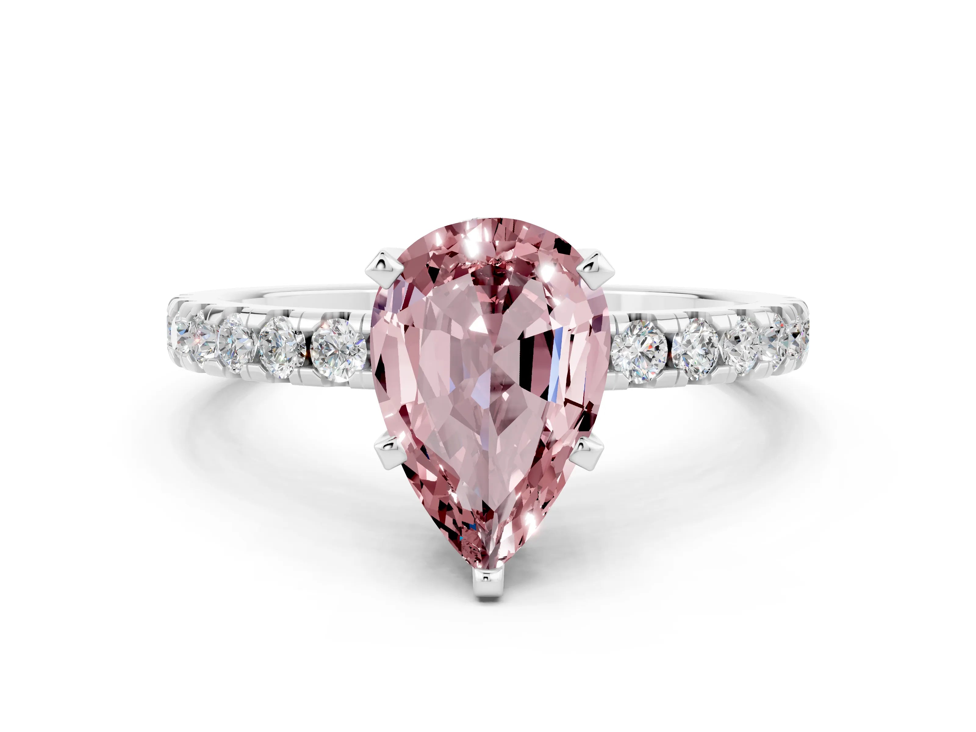 White gold Pear Cut Morganite Solitaire Ring with Pavé Band and Four-Prong Setting_24