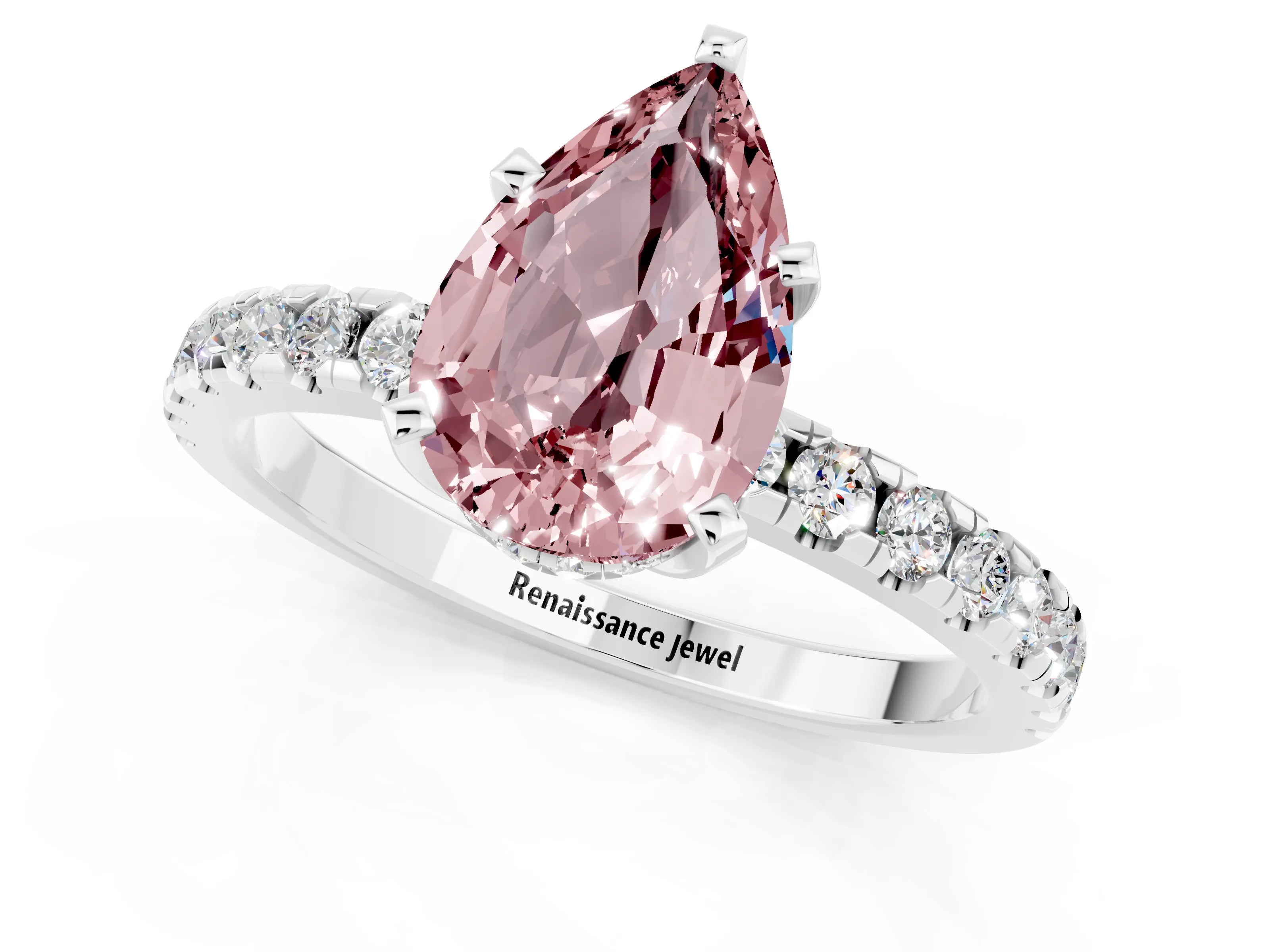 White gold Pear Cut Morganite Solitaire Ring with Pavé Band and Four-Prong Setting_25