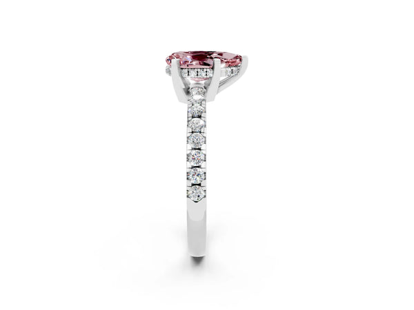 White gold Pear Cut Morganite Solitaire Ring with Round  Pavé Band and Four-Prong Setting