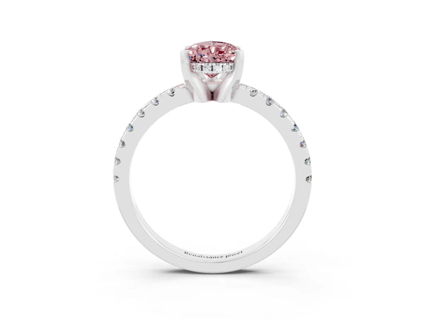 Silver Pear Cut Morganite Solitaire Ring with Round  Pavé Band and Four-Prong Setting