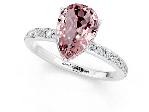 White gold Pear Cut Morganite Solitaire Ring with Pavé Band and Hidden Halo_1